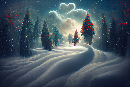 Magical Winter Wonderland with Heart Cloud Digital Background